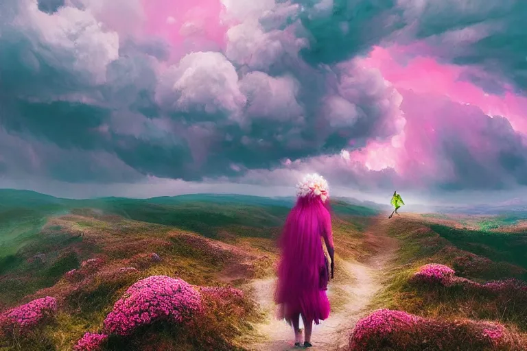 Image similar to giant dahlia flower crown head, woman walking on mountain, surreal photography, pink storm clouds, dramatic light, impressionist painting, digital painting, artstation, simon stalenhag