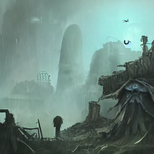 Image similar to a tiny gloomy reaper sitting on a tree log, holding its scythe and watches a little happy bird flying around a extrem destroyed fallout city with extrem radioactive aspects, by aleksandra waliszewska and aoi ogata, dystopian concept horror art