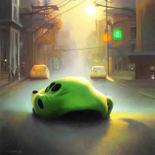 Prompt: the blob, a being of green ghostly ooze making its way through abandoned midnight streets, ray swanland, rhads,