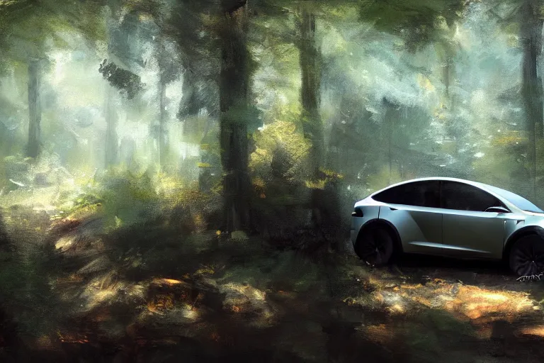 Prompt: A painting of a Tesla Model X in a forest by Craig Mullins, dramatic lighting, cinematic, establishing shot, extremely high detail, artstation