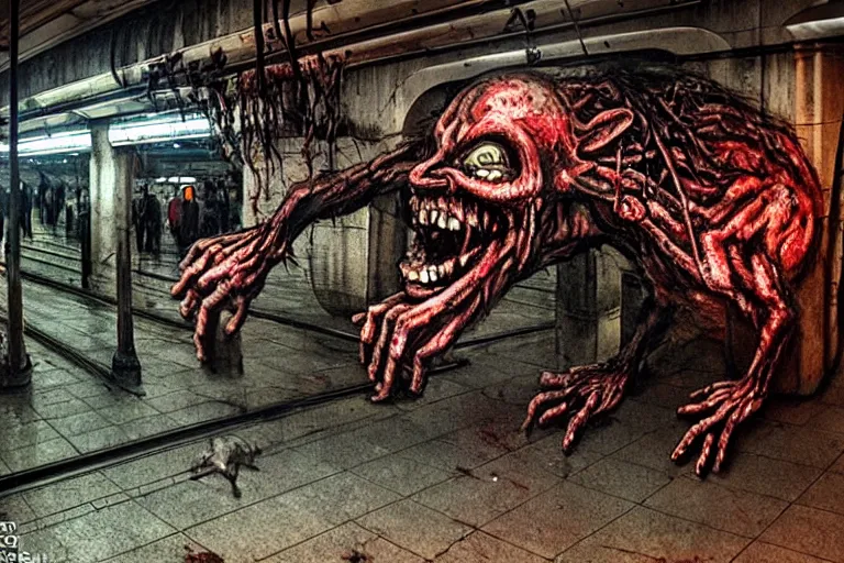 Prompt: very large giant mutant zombie irradiated angry rat sraying on railways in tonnel of moscow subway. extreme high detail, very realistic. low dark light, scary mood. giger and hermann nitsch