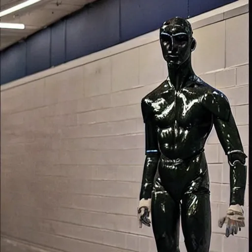 Image similar to “a realistic detailed photo of a guy who is an attractive humanoid who is half robot and half humanoid, who is a male android, American freestyle and folkstyle wrestler Daton Fix, shiny skin, posing like a statue, blank stare, at college, on display”