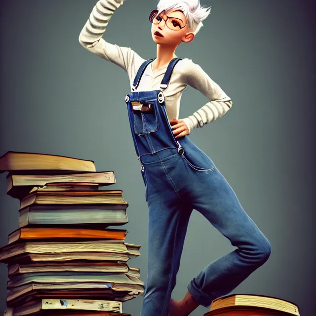 Image similar to full body pose, beautiful adult fairy, pixar, short white hair shaved sides, dirty, grungy, grunge, long sleeve, painted overalls, stacks of giant books, highly detailed, 4 k, hdr, smooth, sharp focus, high resolution, award - winning photo, artgerm, photorealistic