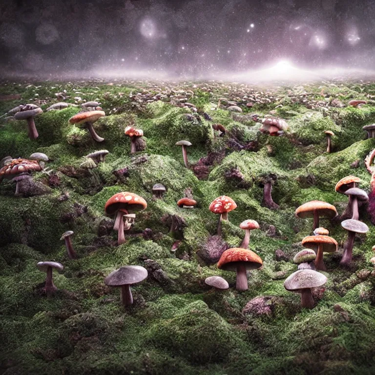 Image similar to a planet of various fungus, mushrooms and plants, inside the picture is infinity, Atmospheric phenomenon, artistic photography, muted colors, conceptual, long exposure outside the city, volumetric light