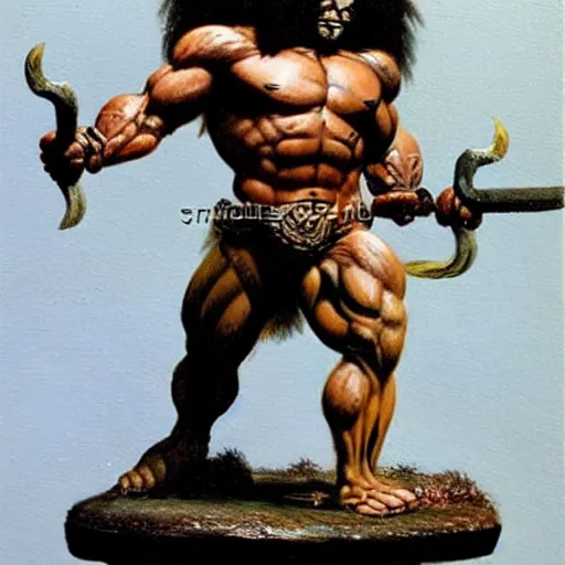 Image similar to muscular lion as barbarian hunter full body ,human legs ,very textured detailed oil painting by Frank Frazetta