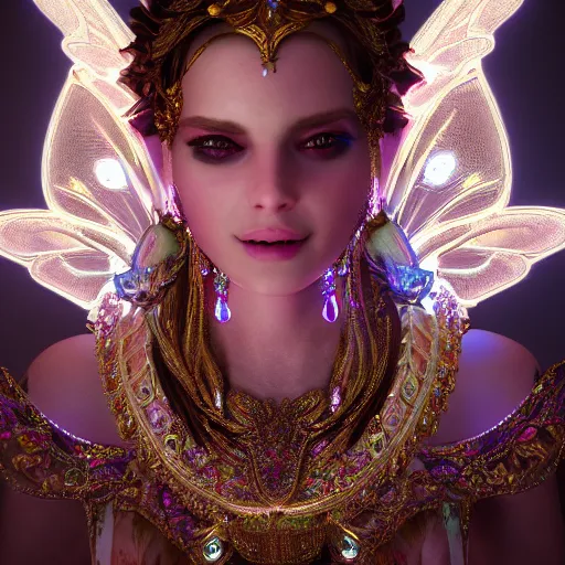 Image similar to portrait of fairy princess, glowing, ornate and intricate jewelry, jaw dropping beauty, glowing background lighting, white accent lighting, hyper detailed, 4 k octane render