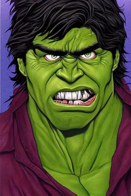 Image similar to ultra detailed incredible hulk portrait in the style of grant wood