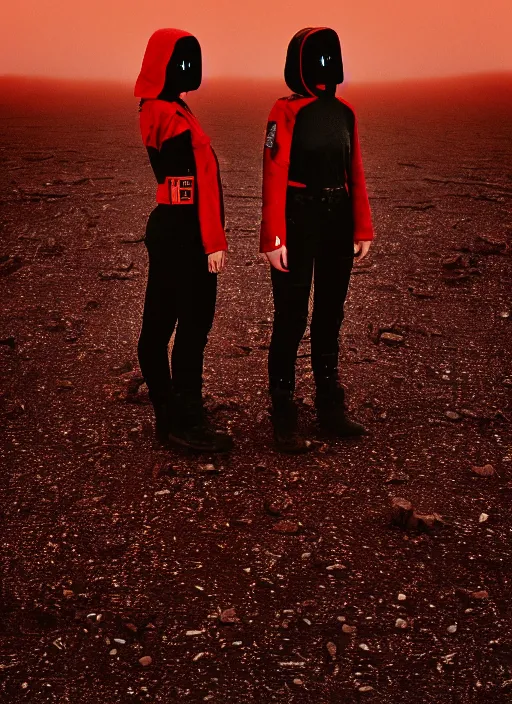 Image similar to cinestill 5 0 d photographic portrait of two loving female androids wearing rugged black techwear on a desolate plain with a red sky, extreme closeup, lizard on ground, cyberpunk style, in front of a brutalist dark metal facility, dust storm, 3 5 mm, high resolution, 8 k, hd, f / 3 2, ultra realistic faces