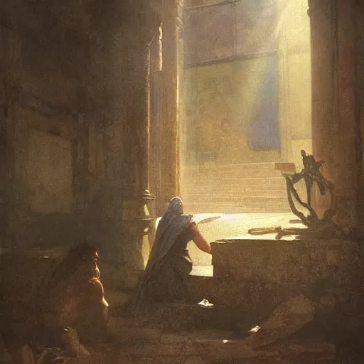 Image similar to half portait of magican wearing a closed cowl with big old book!, jeremy mann, jean leon gerome, tiepolo, alphonse mucha, greg rutkowski, face in the shadows, ( ( ruins of ancient rome ) ), at dusk, mysterious atmosphere, sunrays, dof, masterpiece, high detailed, 8 k