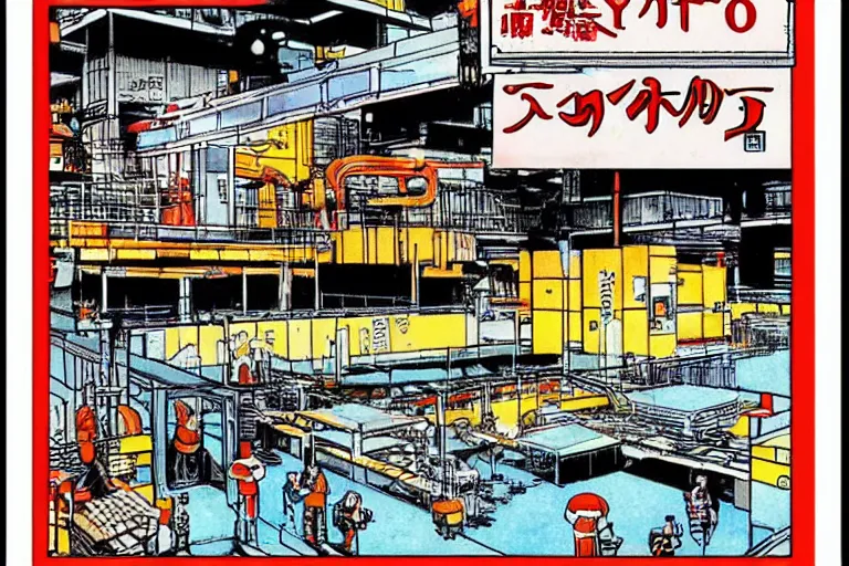 Image similar to 1 9 7 9 edition of automated tokyo fish processing plant. art in the style of vincent di fate's cyberpunk 2 0 2 0.