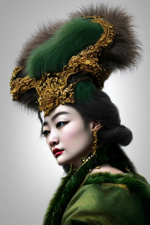 Image similar to a beautiful empress portrait, with a brilliant, impossible striking huge fur headpiece, fur clothes robes, everything fur, symmetrical, dramatic studio lighting, rococo, baroque, greens, asian, hyperrealism, closeup, D&D, fantasy, intricate, elegant, highly detailed, digital painting, artstation, octane render, 8k, concept art, matte, sharp focus, illustration, art by Artgerm and Greg Rutkowski and Alphonse Mucha
