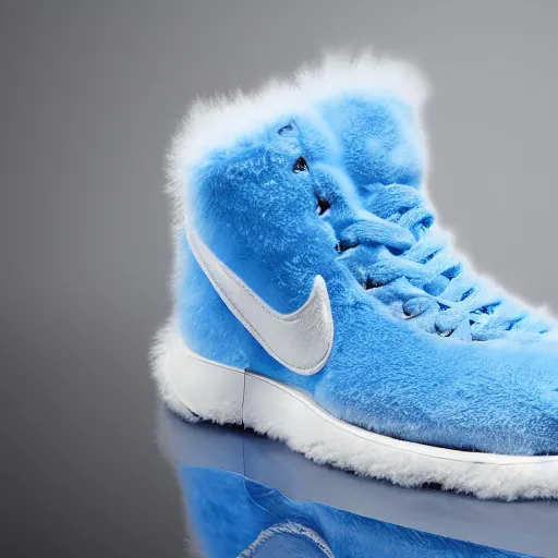 Image similar to nike shoe made of very fluffy blue faux fur placed on reflective surface, professional advertising, overhead lighting, heavy detail, realistic by nate vanhook, mark miner