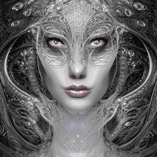 Prompt: beatifull frontal face portrait of a woman, mandelbrot fractal, symmetric, intricate, elegant, highly detailed, ornate, ornament, sculpture, elegant , luxury, beautifully lit, ray trace, octane render in the style of Gerald Brom and peter Gric