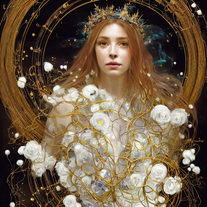 Image similar to hyperrealist portrait of a 2 0 4 4 space sport engineer, it is decorated with long gold wires and white roses that fall like vines and wears a huge computer crown. by jeremy mann and alphonse mucha, fantasy art, photo realistic, dynamic lighting, artstation, poster, volumetric lighting, dramatic light, very detailed faces, 8 k, award winning