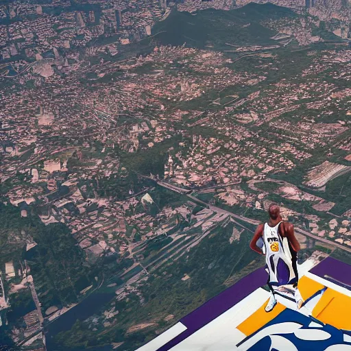 Image similar to Kobe Bryant jumping from a helicopter, hyper detailed, 8k resolution