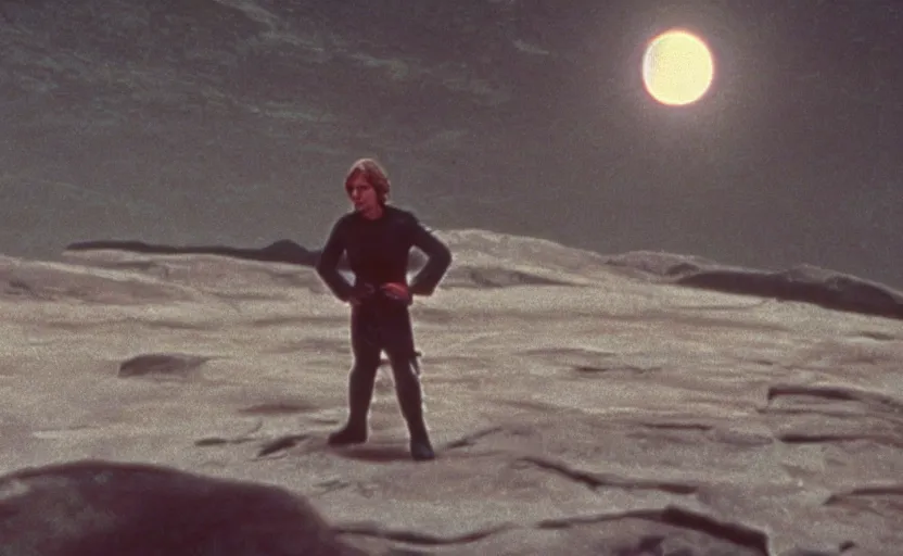 Image similar to screenshot portrait shot of Luke Skywalker on a lightning planet, moody jagged dark landscape, from the 1970s sci fi thriller by Stanely Kubrick , no people, no man, lost world, sharp focus, color kodak stock, ektochrome, anamorphic lenses, detailed faces, moody cinematography