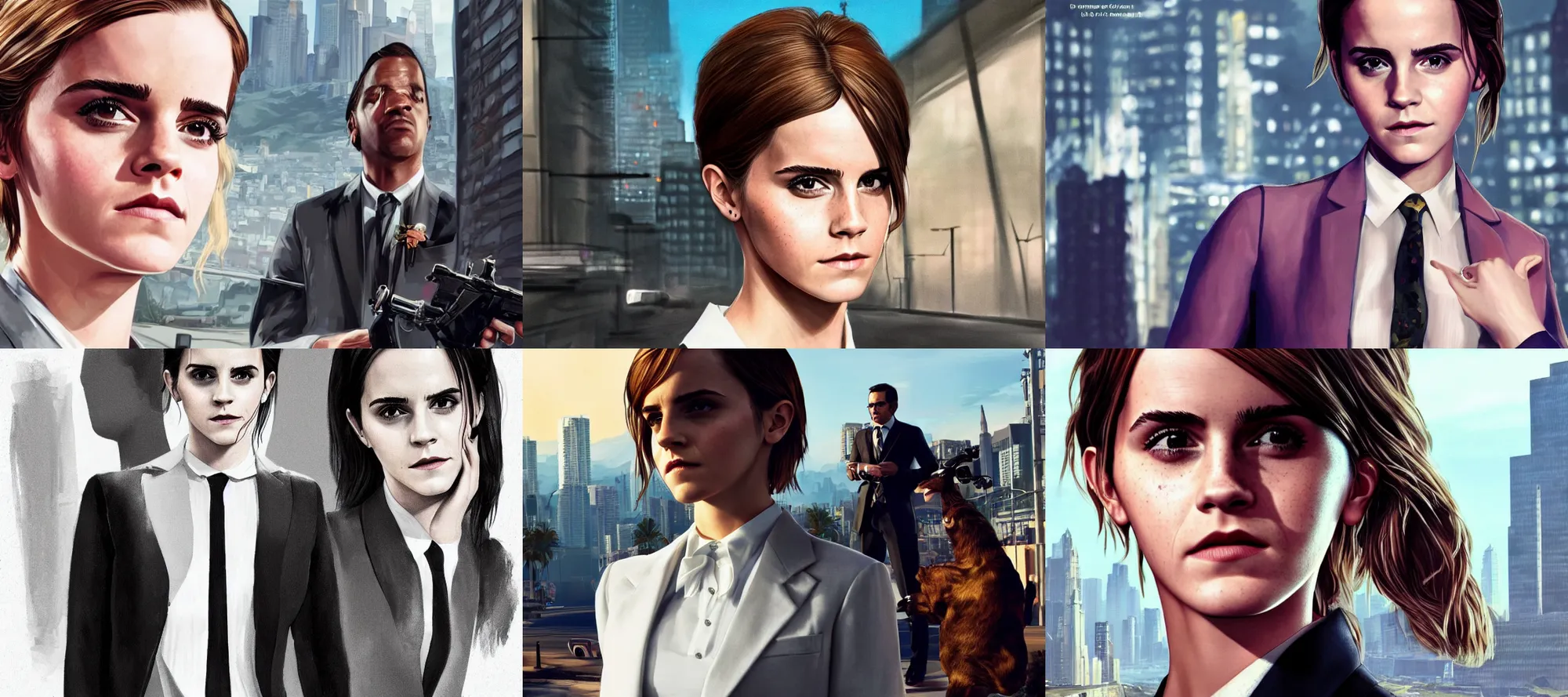 Prompt: Emma Watson wearing a suit in a GTA 5 loading screen, medium shot, intricate, high detailed, digital painting, artstation, oppressive lighting, sharp focus, concept art, illustration, art by anthony macbain and stephen bliss