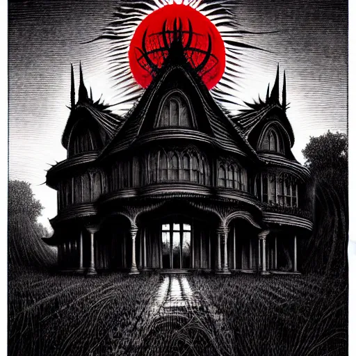 Prompt: strange horror house by junji ito, hugh ferriss, lee madgwick, alex grey and gustave dore ; spiralled blood red and smoke black art nouveau architecture ; in the style of gothic art. wes benscoter. imposing, evil, biblical hell.