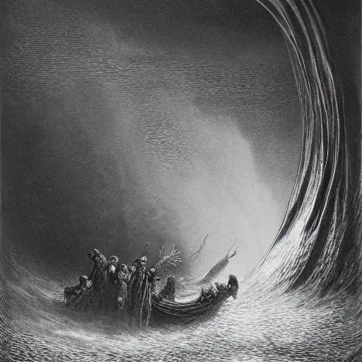 Prompt: Gustave Dore between the straits of fear