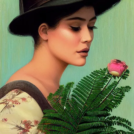 Image similar to happy very thick paint brush strokes paint texture full body fashion model kylie jenner by Jeremy Lipking by Hasui Kawase by Richard Schmid (((smokey eyes makeup eye shadow fantasy, glow, shimmer as victorian woman in a long white frilly lace dress and a large white hat having tea in a sunroom filled with flowers, roses and lush fern flowers ,intricate, night, highly detailed, dramatic lighting))) , high quality