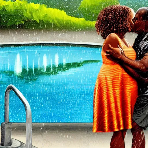 Image similar to african american man and blonde white woman kissing in the rain at a pool. digital art