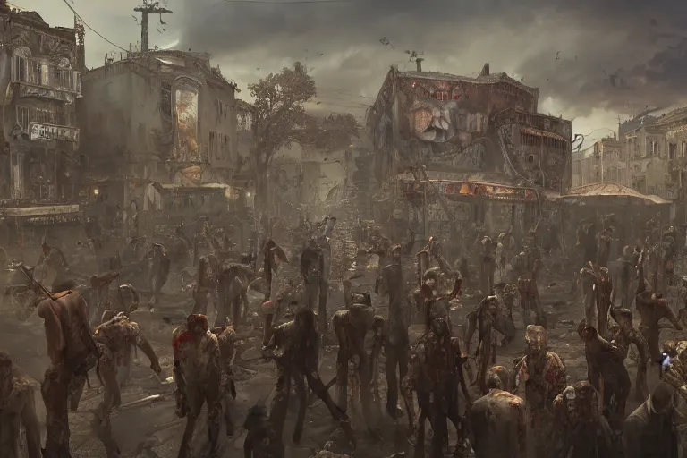 Image similar to Horde of redneck zombies in a steampunk Venice, 3d scene, render, ultra realistic, zenith view, Greg Rutkowski, artstation, cgsociety, unreal engine, ray tracing, detailed illustration, hd, 4k, digital art, overdetailed art, concept art, complementing colors, Trending on artstation, deviantart