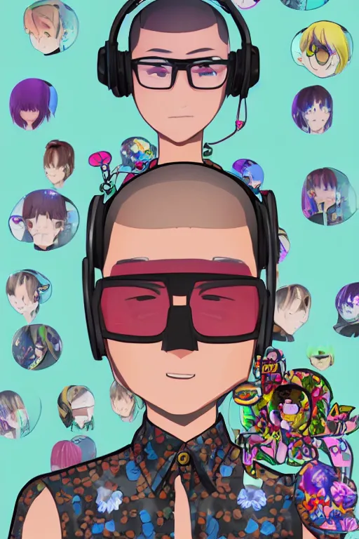 Prompt: a vrchat avatar man with a buzz cut, a floral print collated shirt, a beaded bracelet, tortoise shell glasses with headphones, anime style, cel shaded, kawaii, cute