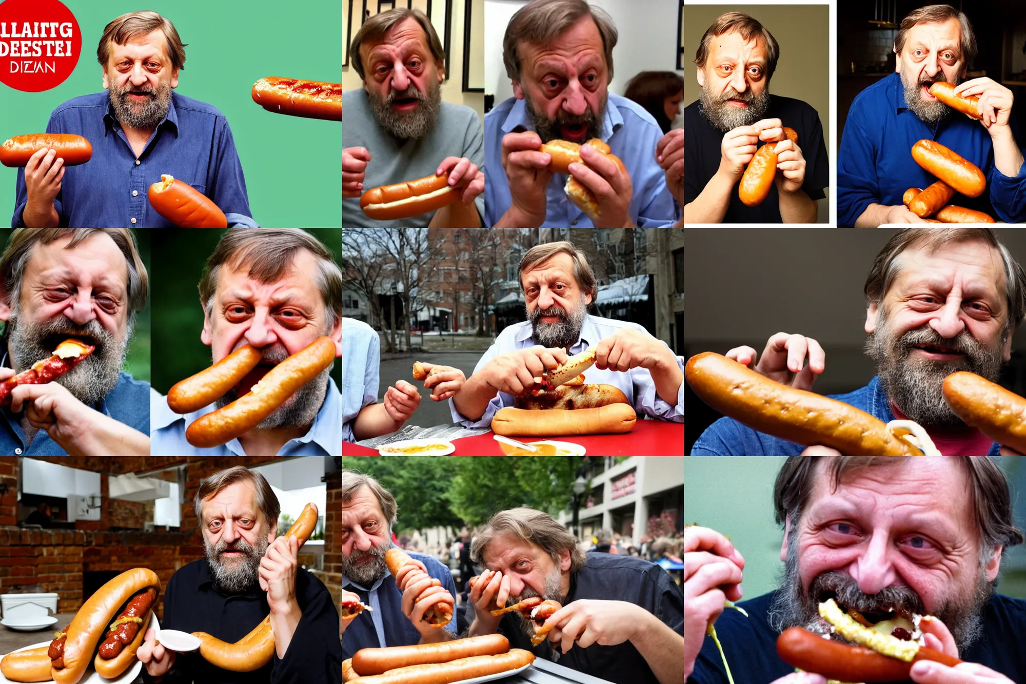 Prompt: Slavoj Žižek demolishing two hotdogs at once