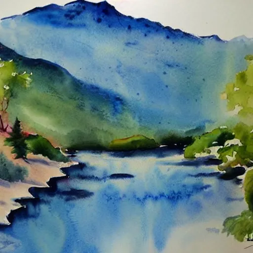 Prompt: landscape with serene mountains, very beautiful award-winning watercolor painting by a very talented artist