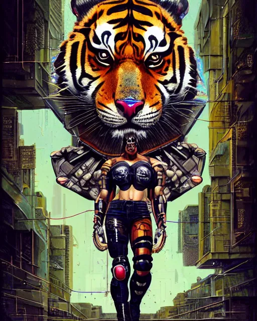 Prompt: a portrait of a muscular anthropomorphic cyberpunk tiger by sandra chevrier, by jon foster, detailed render, pistol in holster, tape deck, epic composition, cybernetics, 4 k realistic, cryengine, realistic shaded lighting, sharp focus, masterpiece, by enki bilal