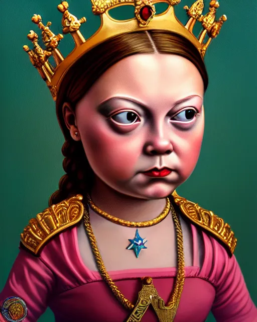 Image similar to closeup profile face portrait of a tin toy greta thunberg as queen victoria wearing a crown and sitting on a throne, bikini, hyper realistic, artstation, illustration, nicoletta ceccoli, mark ryden, lostfish, max fleischer, digital paint, matte paint, vivid colors, bright, cheerful, detailed and intricate environment