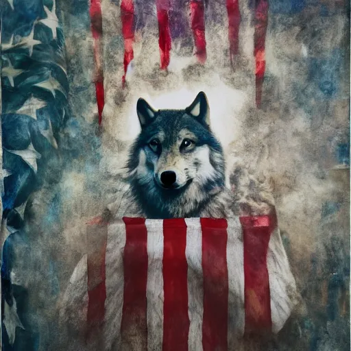 Prompt: beautiful photograph of a wolf in sheep's clothing, of an american flag by alexander Brodsky and ilya utin and frank bowling. Acrylic paints, oil paints, sponge, dry brushing, scumbling, masking. Light leaks. 4k HD walpaper