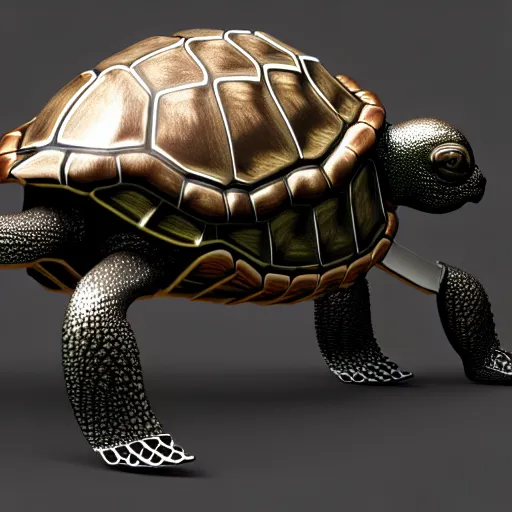 Prompt: steel iron and carbon 3 d model, biomechanical male turtle with a porcelain translucent profile face and a lcd screen eyes, analog, alexander mcqueen, rim light, art nouveau fashion embroidered, steampunk, redshift render, 8 k