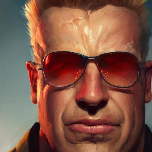 Image similar to a close up portrait of duke nukem, painted by greg rutkowski, digital art, trending on artstation