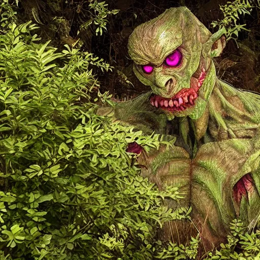 Prompt: a humanoid monster emerging from the shrubs