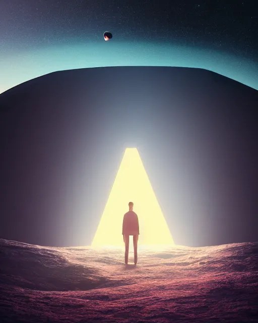 Image similar to a person standing in front of a glowy open door that's on a barren moon, poster art by mike winkelmann, trending on cg society, space art, sci - fi, ue 5, futuristic, volumetric lighting