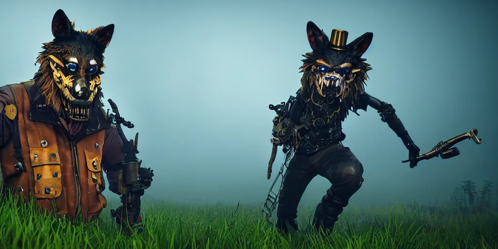 Image similar to gamekeeper wearing a steampunk and neonpunk mechanical fluorescent mystical animal mask in strange misty estuary landscape fight with werewolf, night, realism in style of fornite game, 4 k, octane render, award winning photograph, epic cinematic shot, perfectly defined features, ambient occlusion