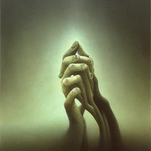 Image similar to hand and arm reaching out of thick fog, zdzislaw beksinski