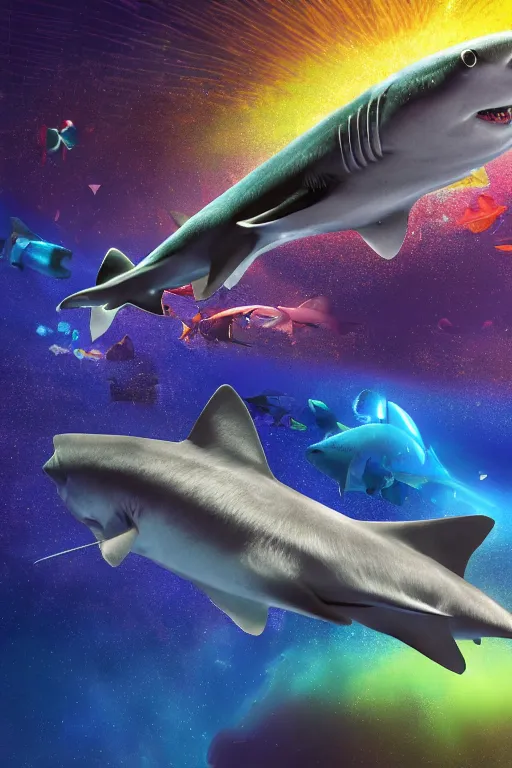 Image similar to Cosmic Shark for maintenance by an unprofessional cyber mackerel, colourful explosion behind. 4K 64 megapixels 8K resolution DSLR filmic HDR Kodak Ektar wide-angle lens 3D shading Behance HD CGSociety Cinema 4D IMAX shadow depth rendered in Blender Unreal Engine hyperrealism photoillustration, lots of reflective surfaces, subsurface scattering