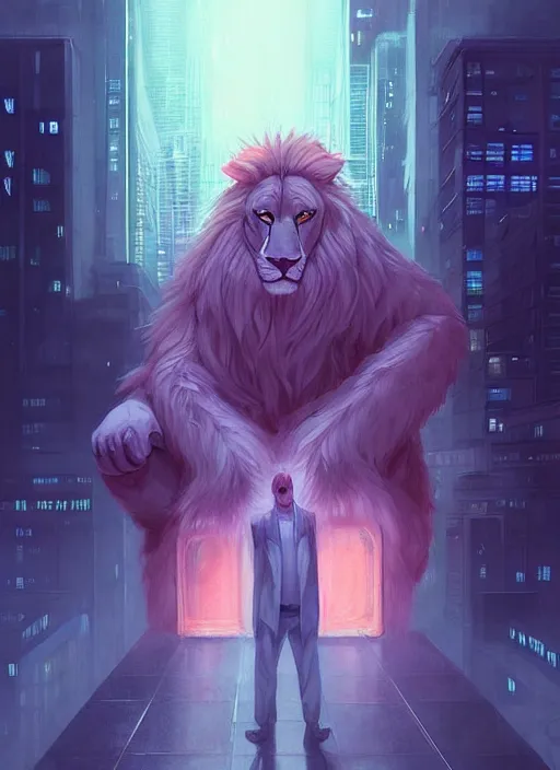 Image similar to beautiful portrait commission of a giant albino male furry anthro lion overlord controlling a vaporwave city at night in the rain below him. Neon light. Atmospheric. Character design by charlie bowater, ross tran, artgerm, and makoto shinkai, detailed, inked, western comic book art, 2021 award winning painting