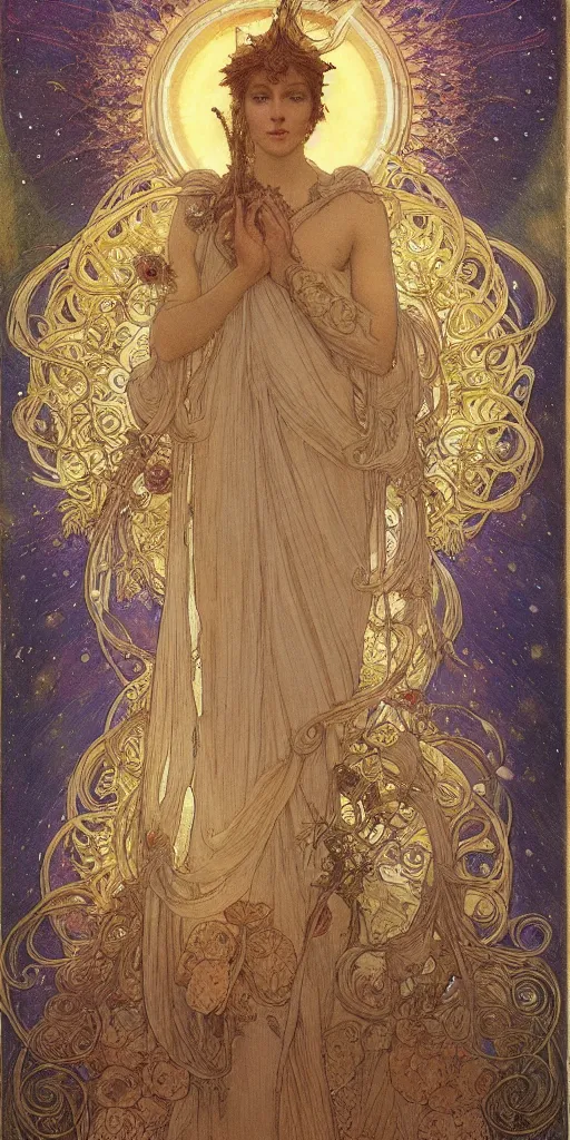 Prompt: portrait, face, saint woman, venus, athena, halo, queen, by alphons mucha and annie swynnerton and jean delville, strong dramatic cinematic lighting, ornate headdress, flowing robes, spines, flowers, stars, lost civilizations, smooth, sharp focus, extremely detailed, marble, gold, space