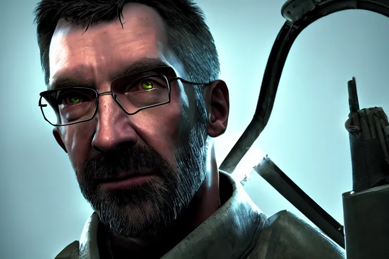 Image similar to half life 3 main character portrait, award - winning, stunningly realistic, volumetric lighting, coherent, no artifacts, cinematic, atmospheric, studio quality