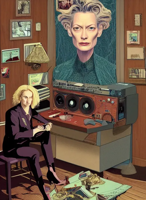 Prompt: Twin Peaks poster artwork by Michael Whelan, Bob Larkin and Tomer Hanuka, Karol Bak of portrait of radio host Tilda Swinton hanging out in her studio radio sound booth, from scene from Twin Peaks, simple illustration, domestic, nostalgic, from scene from Twin Peaks, clean, cover of New Yorker magazine