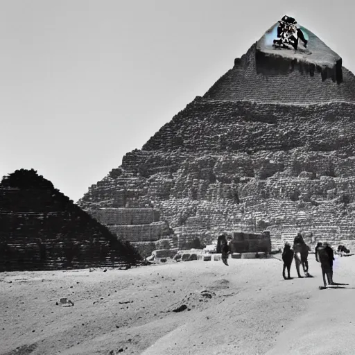 Image similar to a photograph of the great pyramid of giza at the early stages of construction with scaffolding and workers, dslr high resolution