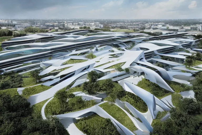 Prompt: a suburban office headquarters designed by zaha hadid