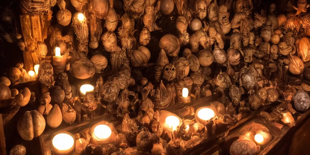 Image similar to a large old wooden cabinet full of extremely detailed scary alien eggs, burning candels in front, beautifull low light