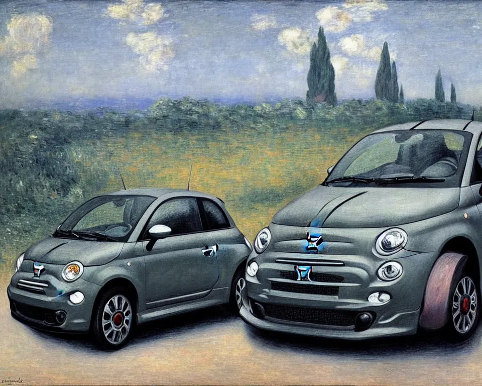 Image similar to achingly beautiful painting of a dark grey 2 0 1 3 fiat 5 0 0 abarth by rene magritte, monet, and turner.