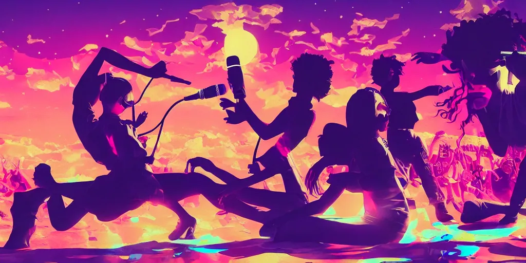 Prompt: friends doing karaoke, epic pose, silhouetted, distinct, digital art, vaporwave, psychedelic hip-hop, surreal, trending on Artstation, professional artist, detailed, 4k