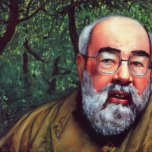 Prompt: Gary Gygax Gary Gygax plays dungeons and dragons in the middle of a field, Rye (Shishkin), painting by Ivan Shishkin, Ernest Gary Gygax face, photo by Gary Gygax, painting by Valentin Serov, oil painting, beautiful eyes