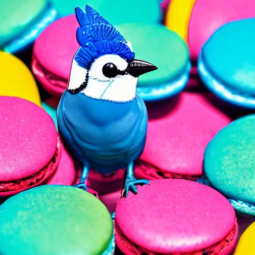 Image similar to A photograph of a (photorealistic blue jay) standing on a large basket of rainbow macarons.